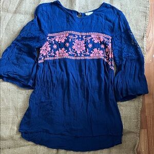 Boho oversized Blue Embroidered Women’s Peasant Blouse with flutter bell sleeve